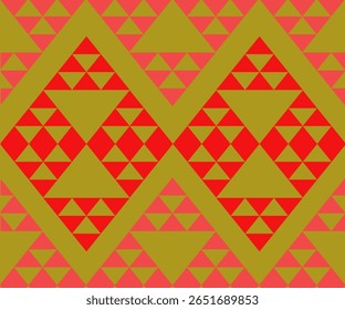 A vibrant abstract seamless pattern featuring bold geometric shapes inspired by tribal art and patchwork quilting. This design blends modern and traditional aesthetics with triangle motifs, color bloc
