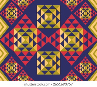 A vibrant abstract seamless pattern featuring bold geometric shapes inspired by tribal art and patchwork quilting. This design blends modern and traditional aesthetics with triangle motifs.