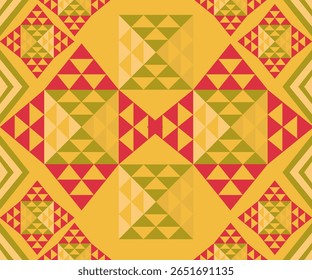 A vibrant abstract seamless pattern featuring bold geometric shapes inspired by tribal art and patchwork quilting. This design blends modern and traditional aesthetics with triangle motifs.