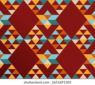 A vibrant abstract seamless pattern featuring bold geometric shapes inspired by tribal art and patchwork quilting. This design blends modern and traditional aesthetics with triangle motifs.