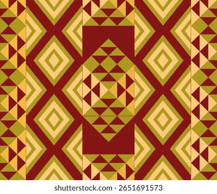 A vibrant abstract seamless pattern featuring bold geometric shapes inspired by tribal art and patchwork quilting. This design blends modern and traditional aesthetics with triangle motifs, color bloc