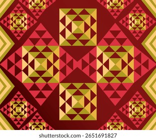 A vibrant abstract seamless pattern featuring bold geometric shapes inspired by tribal art and patchwork quilting. This design blends modern and traditional aesthetics with triangle motifs, color bloc