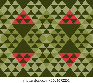 A vibrant abstract seamless pattern featuring bold geometric shapes inspired by tribal art and patchwork quilting. This design blends modern and traditional aesthetics with triangle motifs.