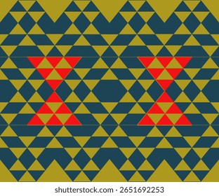 A vibrant abstract seamless pattern featuring bold geometric shapes inspired by tribal art and patchwork quilting. This design blends modern and traditional aesthetics with triangle motifs.