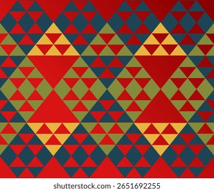 A vibrant abstract seamless pattern featuring bold geometric shapes inspired by tribal art and patchwork quilting. This design blends modern and traditional aesthetics with triangle motifs.