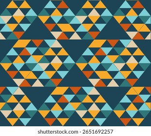 A vibrant abstract seamless pattern featuring bold geometric shapes inspired by tribal art and patchwork quilting. This design blends modern and traditional aesthetics with triangle motifs.