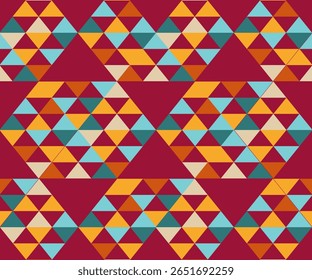 A vibrant abstract seamless pattern featuring bold geometric shapes inspired by tribal art and patchwork quilting. This design blends modern and traditional aesthetics with triangle motifs.
