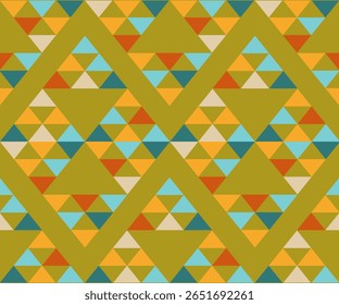 A vibrant abstract seamless pattern featuring bold geometric shapes inspired by tribal art and patchwork quilting. This design blends modern and traditional aesthetics with triangle motifs.