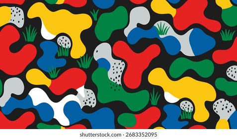 A vibrant, abstract seamless pattern featuring colorful organic shapes in red, yellow, blue, green, and grey, interspersed with stylized golf balls and patches of grass on a black background.