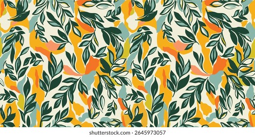 Vibrant, abstract seamless pattern with painterly leaves. A modern collage of green foliage with orange, yellow, and blue shapes. Energetic botanical design for fashion, textile, and decor