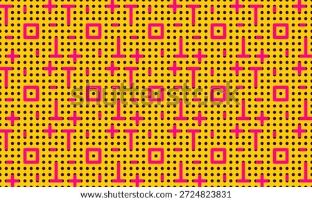 A vibrant, abstract, seamless pattern with a yellow background and a grid of black dots. Repeating pink geometric shapes, including squares, plus signs, and 'T' forms, create a retro-futuristic digital aesthetic.