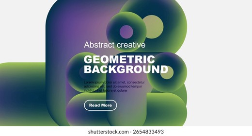 Formas abstratas vibrantes se misturam, criando plano de fundo geométrico dinâmico. A sobreposição de texto promove mais exploração. Elementos de design modernos presentes.