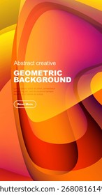 Vibrant abstract shapes blend, creating dynamic geometric background. Warm colors dominate, with text overlay, button visible.