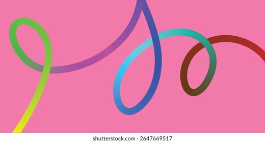 Vibrant abstract shapes in bright colors against a pink background. A dynamic composition of colorful, curved lines and shapes in various shades of pink, blue, green, purple, and brown on a solid pink