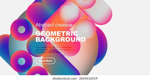 Vibrant abstract shapes, geometric design, modern background. Text present, button visible, simple composition.