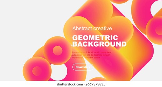 Vibrant abstract shapes overlap black background. Text reads geometric background, includes button. Modern design elements present.