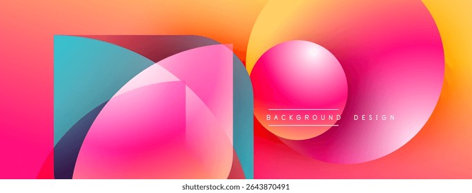 Vibrant abstract shapes overlap, creating dynamic colorful composition. Gradient hues blend smoothly, forming modern design element.