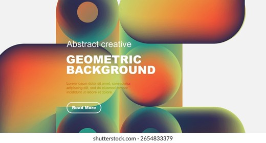 Vibrant abstract shapes overlap, creating dynamic geometric background. Text elements present design details, inviting further exploration.