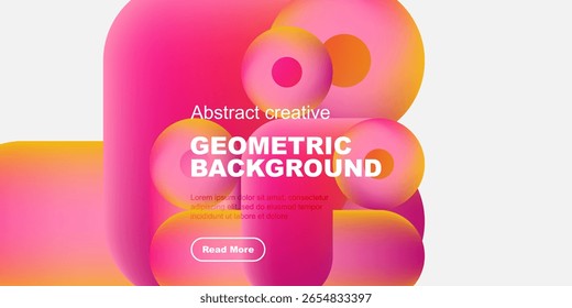 Formas abstratas vibrantes se sobrepõem, criando um plano de fundo colorido dinâmico. O texto promove o design geométrico criativo, convidando a exploração adicional.