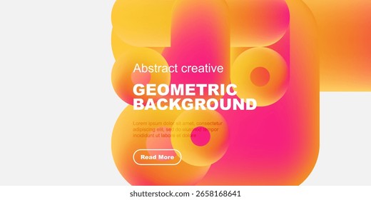 Formas abstratas vibrantes se sobrepõem, criando gradientes de cores quentes. O texto promove o design de fundo geométrico criativo, com chamada para ação.