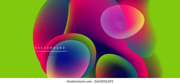 Formas abstractas vibrantes se superponen, creando Gradientes coloridos. El fondo verde lima brillante proporciona contraste. Elementos de diseño modernos presentes.