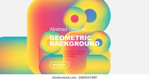 Vibrant abstract shapes overlap, creating colorful geometric background. Text promotes content, inviting further exploration.