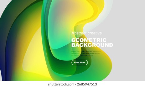 Formas abstractas vibrantes se superponen, creando un fondo colorido dinámico. El texto promueve una mayor exploración a través del Botón.