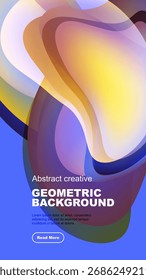 Vibrant abstract shapes overlap, creating dynamic colorful background. Text promotes geometric design, inviting further exploration.