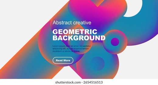 Vibrant abstract shapes overlap white, black space. Text promotes geometric background design, includes call to action.