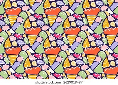 Vibrant abstract shapes pattern. A playful and colorful seamless pattern with organic forms. Perfect for backgrounds, textiles, and creative projects. The image has a lively and modern feel