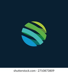 Vibrante diseño abstracto del logotipo de la esfera con franjas curvas dinámicas en verde y azul, que representan la tecnología, la comunicación global y las redes digitales interconectadas para soluciones modernas
