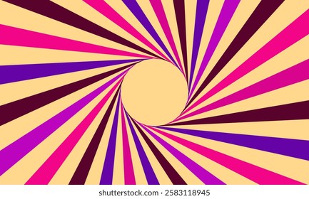 Vibrant abstract spiral background with dynamic rays in pink, purple, and beige. Perfect for retro, psychedelic, and modern designs. Ideal for posters, digital art, and creative projects.