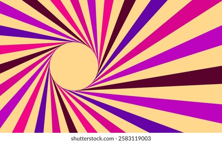 Vibrant abstract spiral background with dynamic rays in pink, purple, and beige. Perfect for retro, psychedelic, and modern designs. Ideal for posters, digital art, and creative projects.