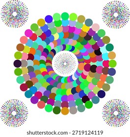 Una vibrante composición espiral abstracta creada a partir de numerosos puntos circulares coloridos dispuestos en un patrón geométrico radial dinámico. Esta Ilustración vectorial moderna cuenta con una sensación suave de movimiento y simetría, formando un remolino multicolor llamativo con un fondo blanco limpio. El diseño transmite energía, creatividad y armonía visual, lo que lo hace ideal para su uso como fondo en presentaciones, Sitios web, App móviles, carteles, Anuncios, paneles, visualización de datos, infografías y proyectos de Diseño gráfico contemporáneo. La obra de arte es totalmente escalable, de alta calidad y adecuada tanto para aplicaciones digitales como de impresión, ofreciendo una estética abstracta audaz y moderna.