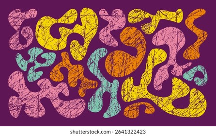 Vibrant abstract splashes with retro 60s style fluid curves and grunge on a groovy muted colors blobs, psychedelic retro vector illustration.