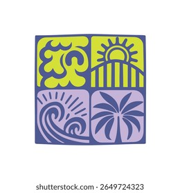 Vibrant Abstract Square Design Featuring Four Distinct Iconic Natural Elements Symbolizing Tropical Paradise and Coastal Relaxation