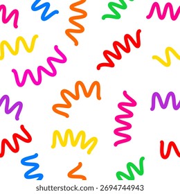 Padrão de rabisco abstrato vibrante com linhas onduladas multicoloridas em um fundo branco. Perfeito para embrulhar papel, tecido, fundos digitais, papelaria ou projetos de arte para crianças.