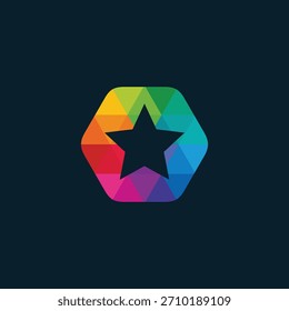 Lebhaftes, abstraktes Stern-Logo-Design, eingebettet in ein buntes, geometrisches Sechseck, das Kreativität, Qualität und facettenreiche Exzellenz auf dunklem, minimalistischem Hintergrund symbolisiert.