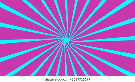 Plano de fundo vetorial de alto contraste com raios radiais de explosão solar em magenta dinâmico, rosa quente e ciano brilhante (azul). Perfeito para pop art elétrico, estilo retrô dos anos 80 e 90, temas de festa e design gráfico vibrante