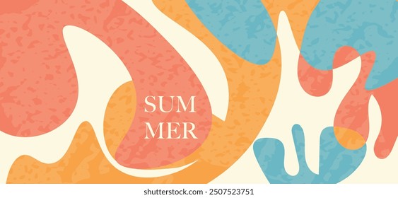 Vibrant abstract summer background with organic shapes in pastel colors and summer fruits with grunge textures. Ideal for seasonal designs, creative posters, and trendy social media graphics. Vector