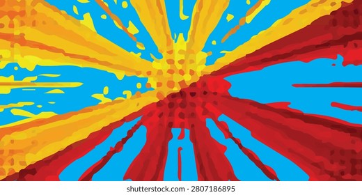 Vibrant abstract sunburst with bold red and yellow rays radiating across a bright blue background, evoking retro pop-art energy, optimism, motion and explosive color for posters, designs and decor.

