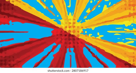 Vibrant abstract sunburst with bold red and yellow rays radiating across a bright blue background, evoking retro pop-art energy, optimism, motion and explosive color for posters, designs and decor.


