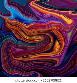 Vibrante abstrato redemoinho arte estourando com azuis neon vívidos, roxos e laranjas em um fluxo dramático e energético.