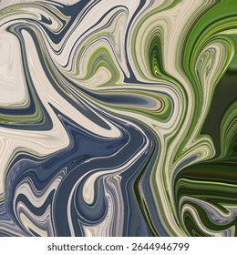 Levendige abstracte wervelende kunst in groene, crème- en marinetonen, die organische beweging en moderne energie oproepen. Perfect voor achtergronden, prints en hedendaagse digitale ontwerpen.