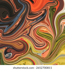 Espiral abstrato vibrante com tons terra de laranja, verde e marrom. Design dinâmico de textura fluida ideal para fundos, arte ou telas digitais criativas.