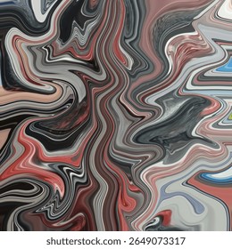Vibrant abstract swirl of liquid, texture, and color in red, black, and gray tones. Eye-catching pattern art with flowing, psychedelic movement.