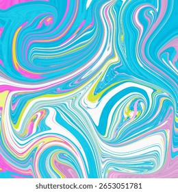 Vibrant abstract swirl with neon blue, pink, yellow, and white tones. A modern psychedelic artwork ideal for backgrounds and contemporary design concepts.