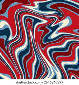 A vibrant, abstract swirl pattern with a psychedelic, retro aesthetic. Dominated by bold red, navy, cream, and light blue hues.