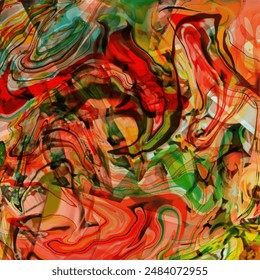 Vibrant abstract swirling patterns of red, green, and orange hues, blending together in a fluid, dynamic composition. The chaotic yet harmonious design evokes a sense of energetic movement.