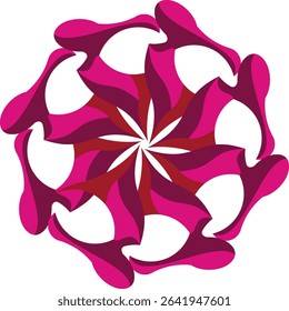 A vibrant abstract symmetrical circular design featuring swirling magenta and red organic shapes arranged radially, creating a dynamic and flowing pattern.